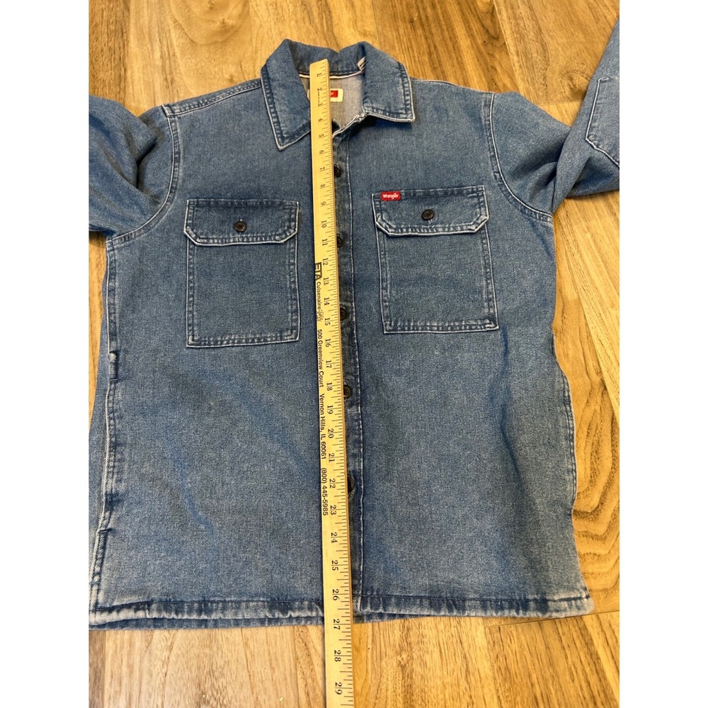 Wrangler Mens Denim Shirt Jacket Blue Cotton Button Up Elbow Patches Size Small - Picture 4 of 6